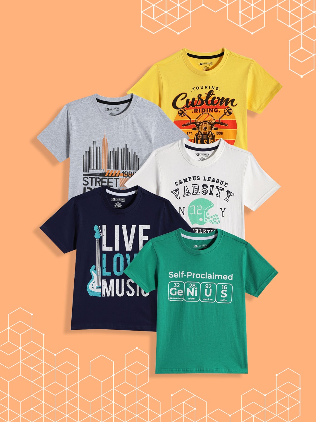 

Ruggers Junior Boys Pack Of 5 Typography Printed T-shirt, Multi