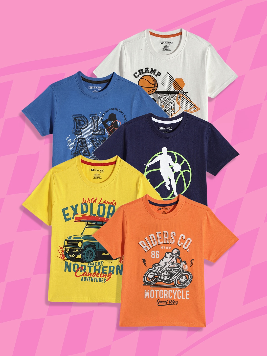 

Ruggers Junior Boys Pack of 5 Printed Pure Cotton T-shirts, Multi