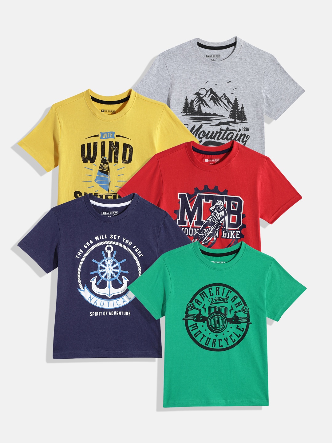 

Ruggers Junior Boys Multicoloured Set Of 5 Typography Print Round Neck Feel Good T-shirts, Multi
