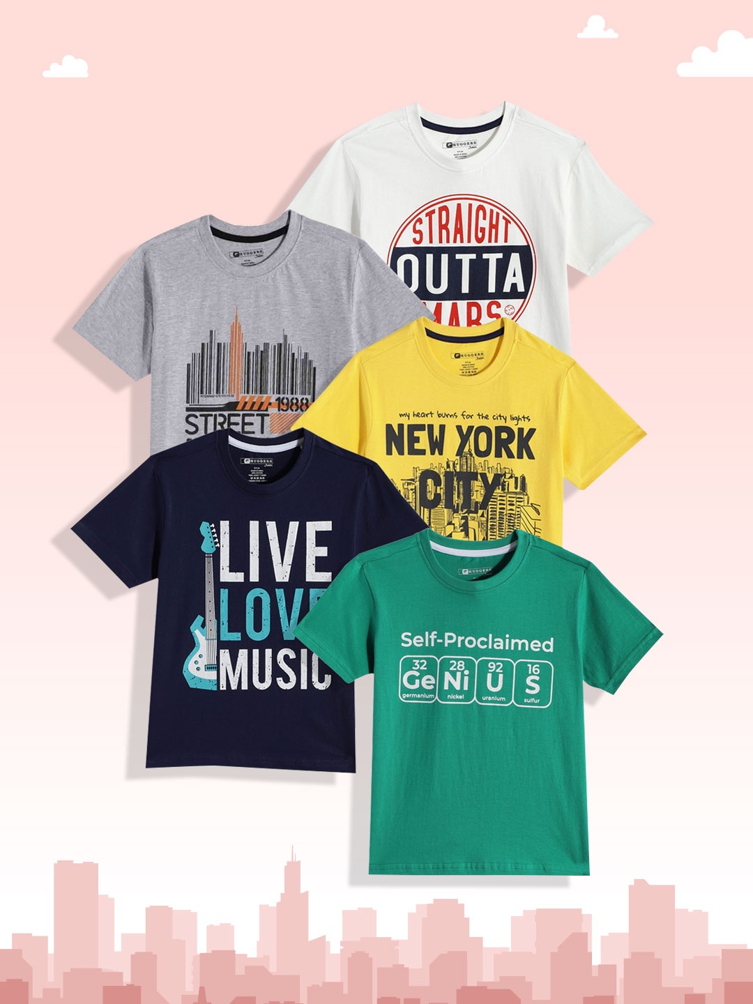 

Ruggers Junior Boys Pack Of 5 Typography Printed T-shirt, Multi