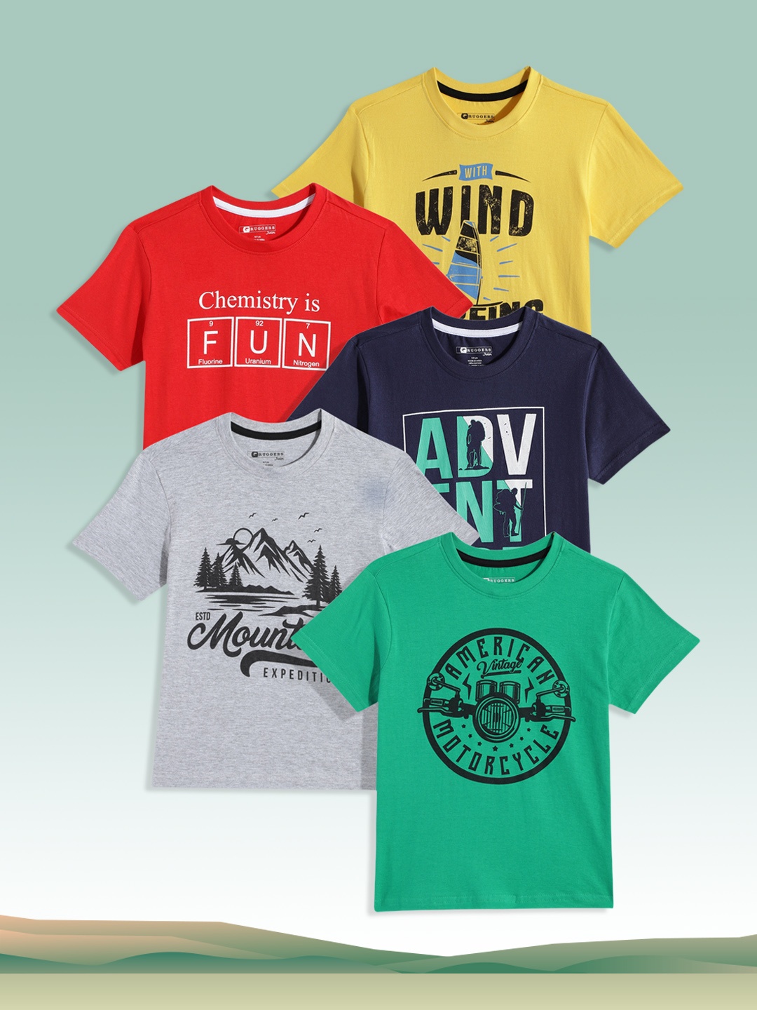 

Ruggers Junior Boys Pack Of 5 Typography 5 Printed Pure Cotton T-shirt, Multi