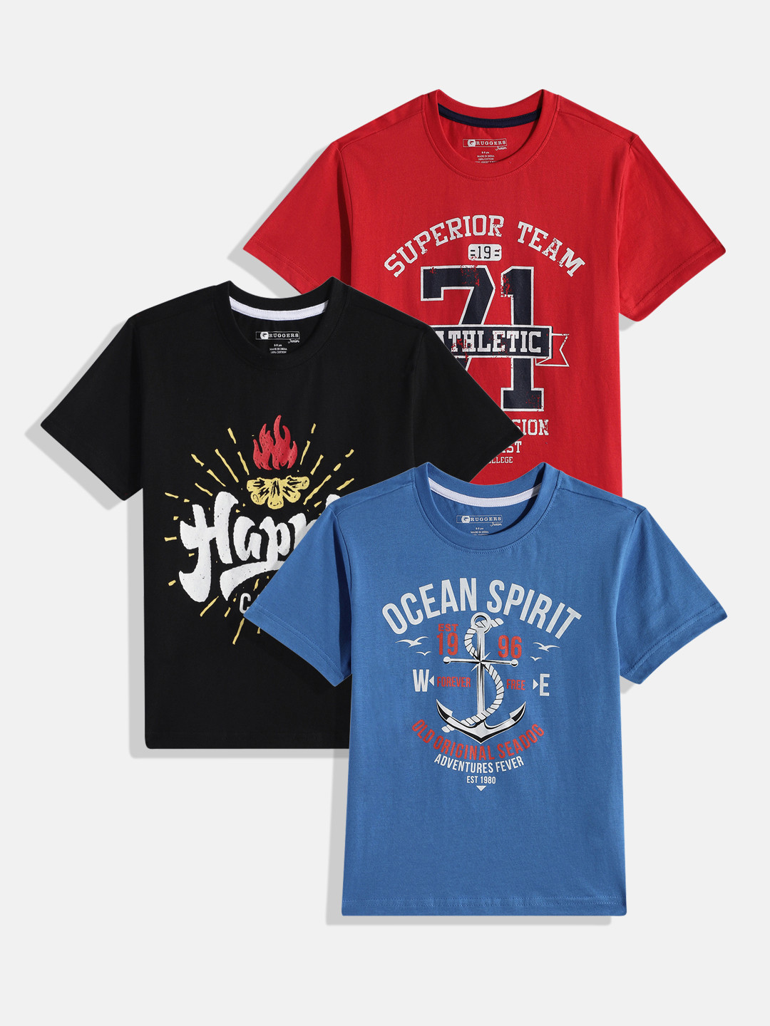 

Ruggers Junior Boys Pack of 3 Printed Pure Cotton T-shirts, Red