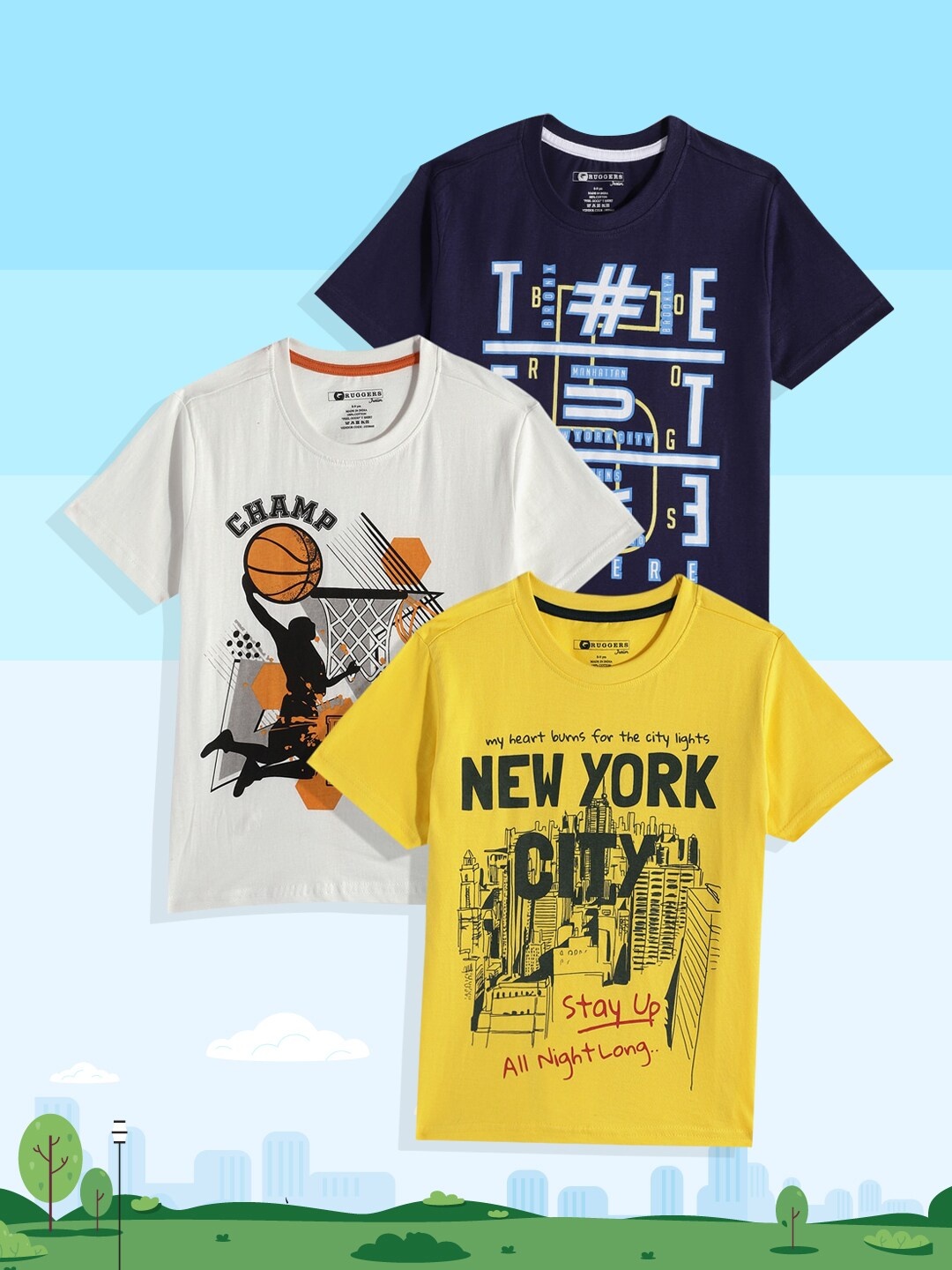 

Ruggers Junior Boys Pack Of 3 Printed Pure Cotton T-shirts, Yellow