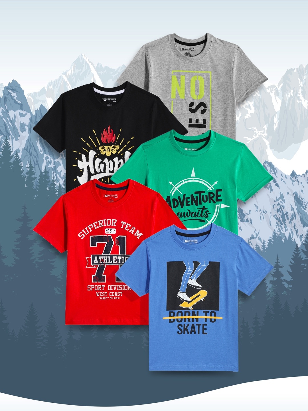 

Ruggers Junior Boys Pack Of 5 Typography Printed T-shirts, Grey melange