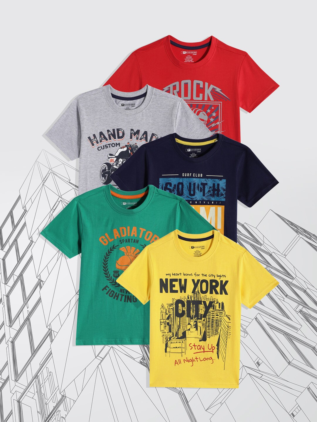 

Ruggers Junior Boys Pack Of 5 Typography Printed T-shirt, Multi