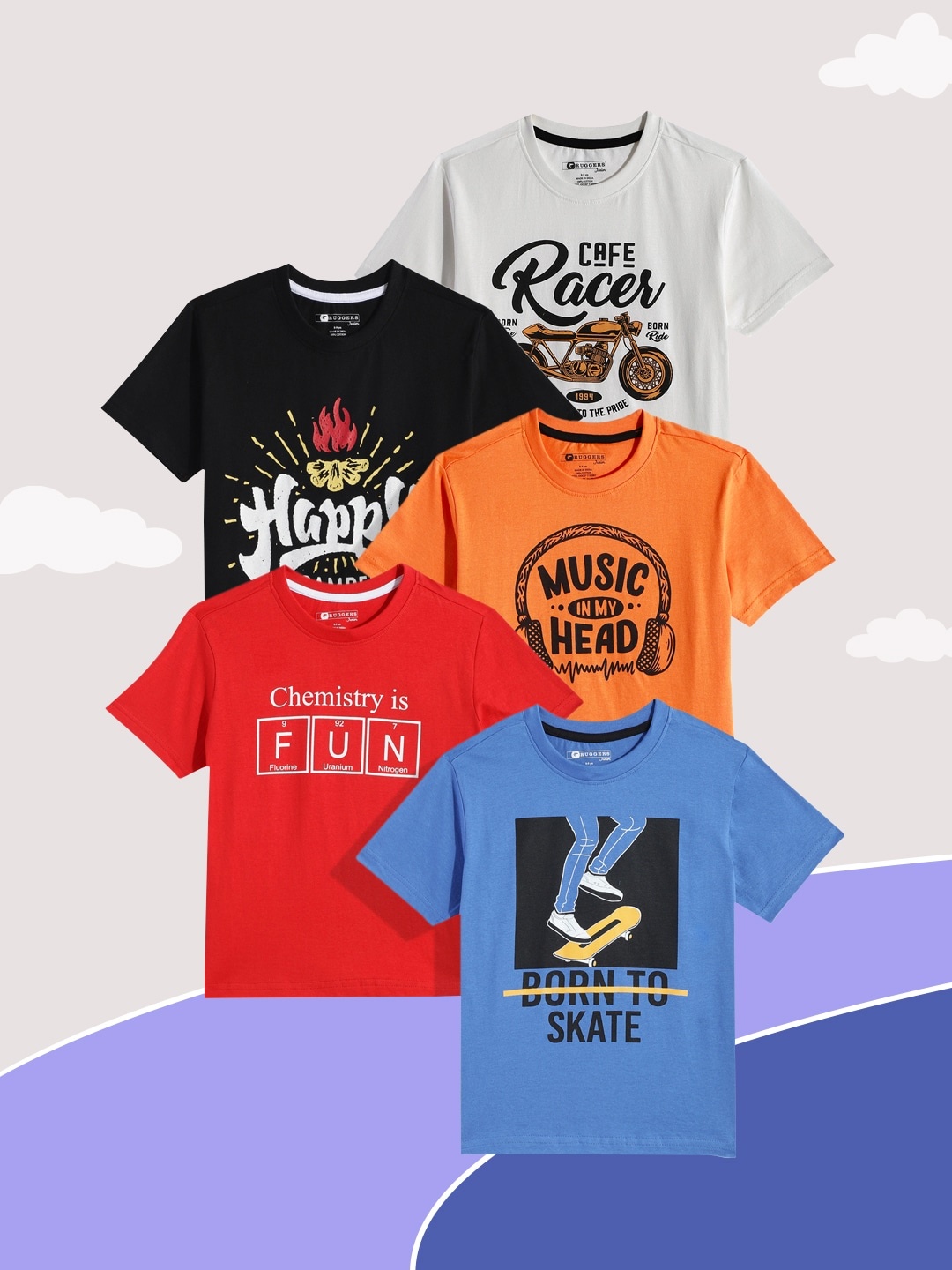 

Ruggers Junior Boys Pack Of 5 Typography Printed Pure Cotton T-shirts, Orange