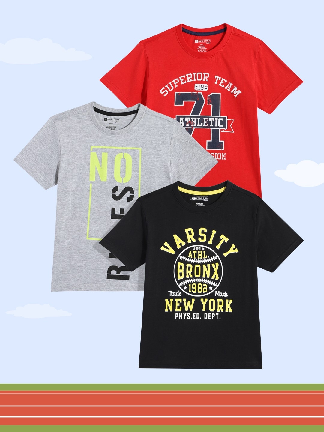 

Ruggers Junior Boys Grey Melange & Red Set Of 3 Typography Print Feel Good T-shirts