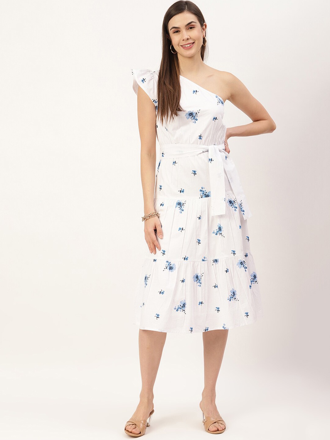 

ELLE White & Blue Floral One Shoulder Midi Dress