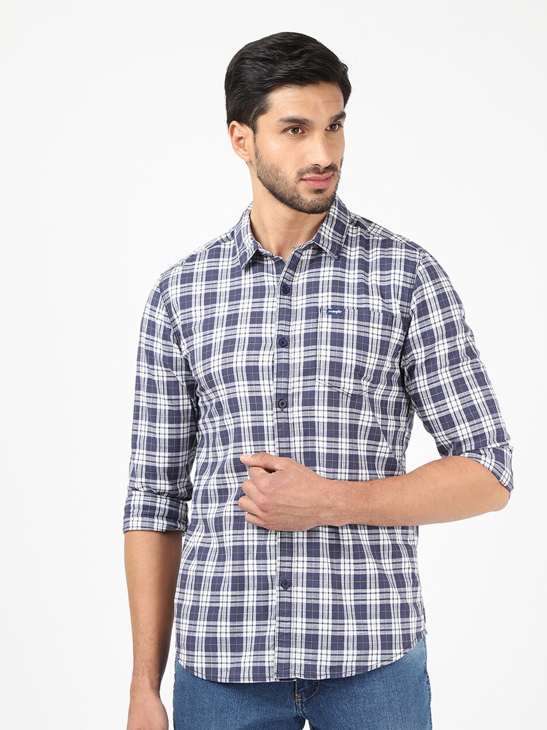 

Wrangler Men Blue Slim Fit Tartan Checked Organic Cotton Casual Shirt