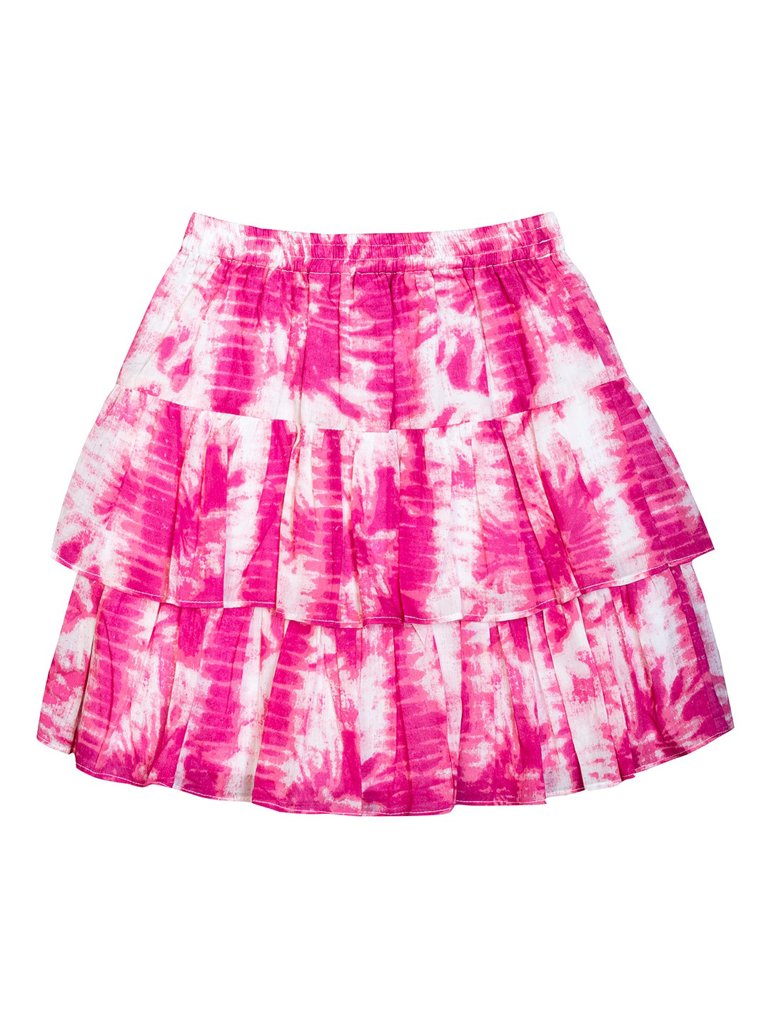 

Budding Bees Girls Pink & White Tie & Dye Printed Pure Cotton Tiered Mini Skirts