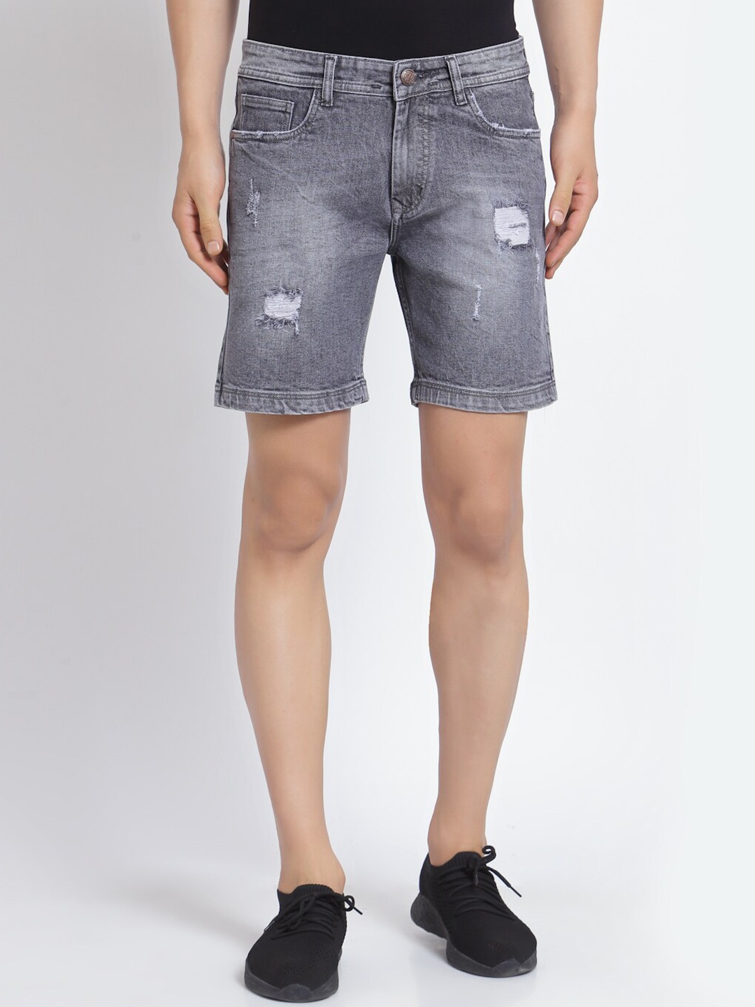 

FEVER Men Grey Washed Distressed Slim Fit Denim Shorts