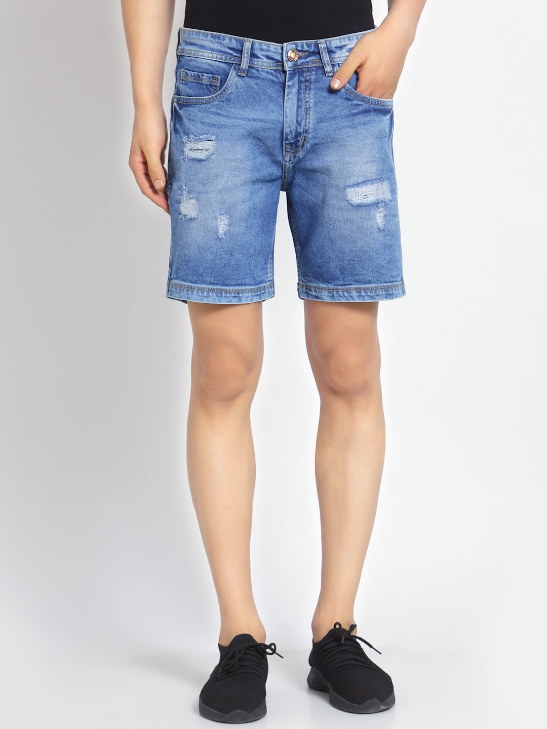 

FEVER Men Blue Washed Printed Slim Fit Denim Shorts