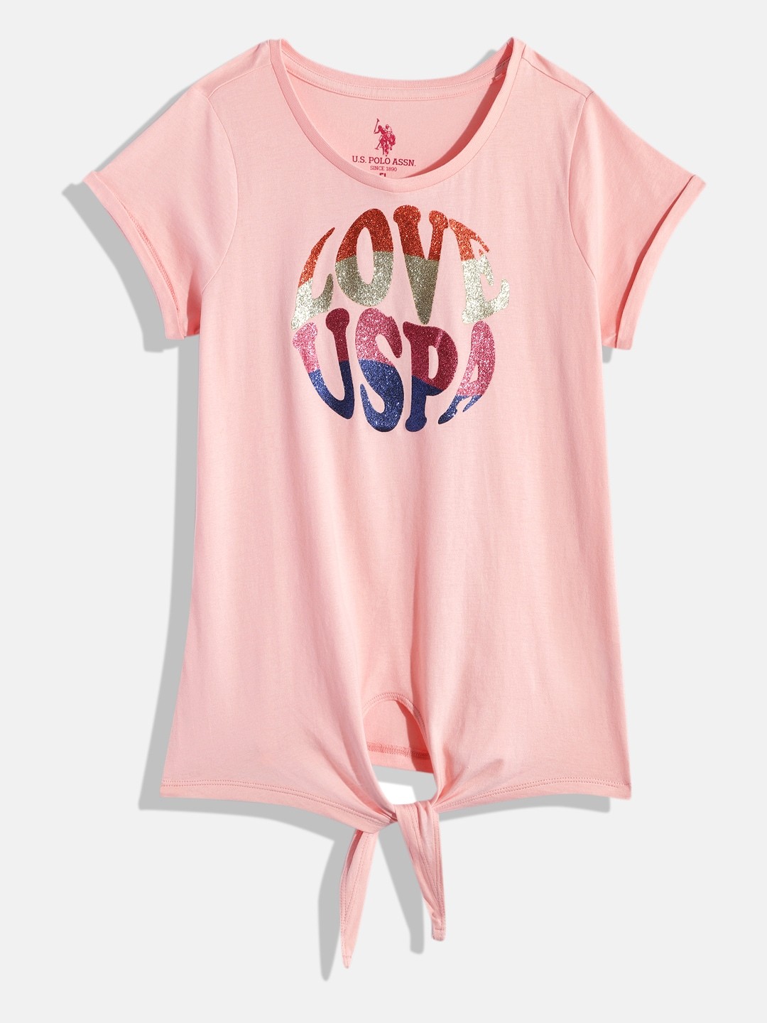 U.S. Polo Assn. Kids Girls Brand Logo Glitter Printed Pure Cotton Knotted T-shirt, Pink