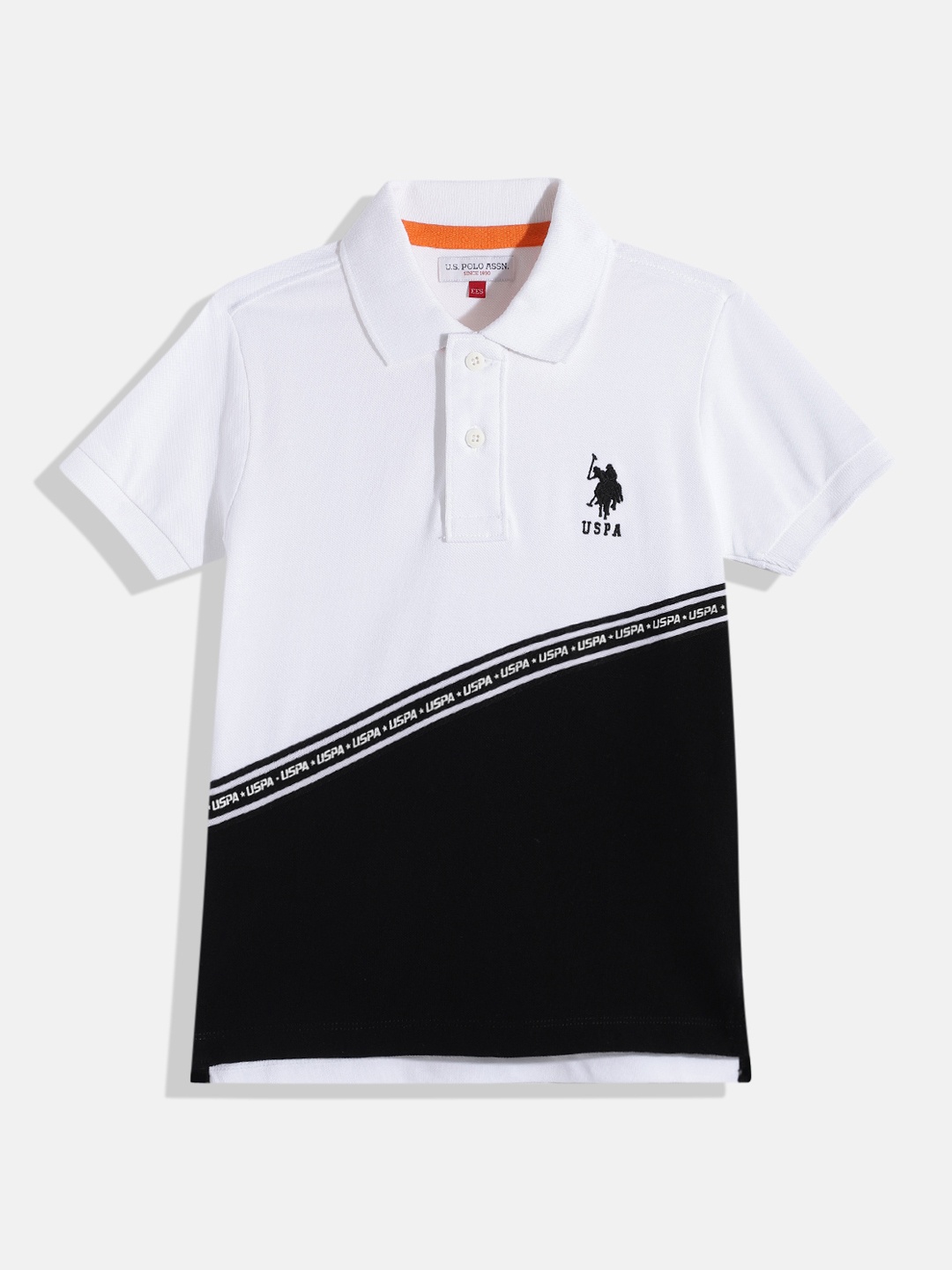 

U.S. Polo Assn. Kids Boys White & Black Colourblocked Pure Cotton Polo Collar T-shirt