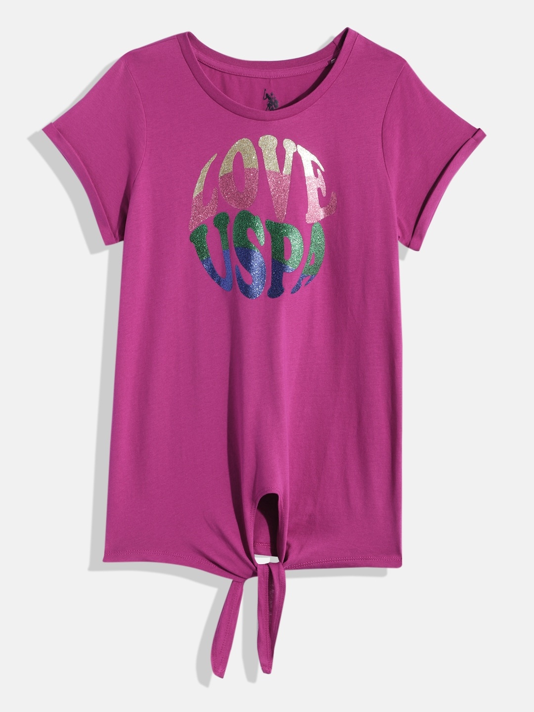 

U.S. Polo Assn. Kids Girls Brand Logo Printed Pure Cotton Top, Pink