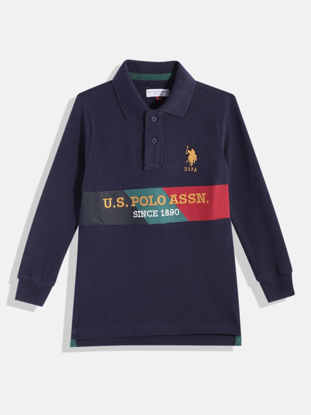 

U.S. Polo Assn. Kids Boys Navy Blue Printed Pure Cotton Polo Collar T-shirt
