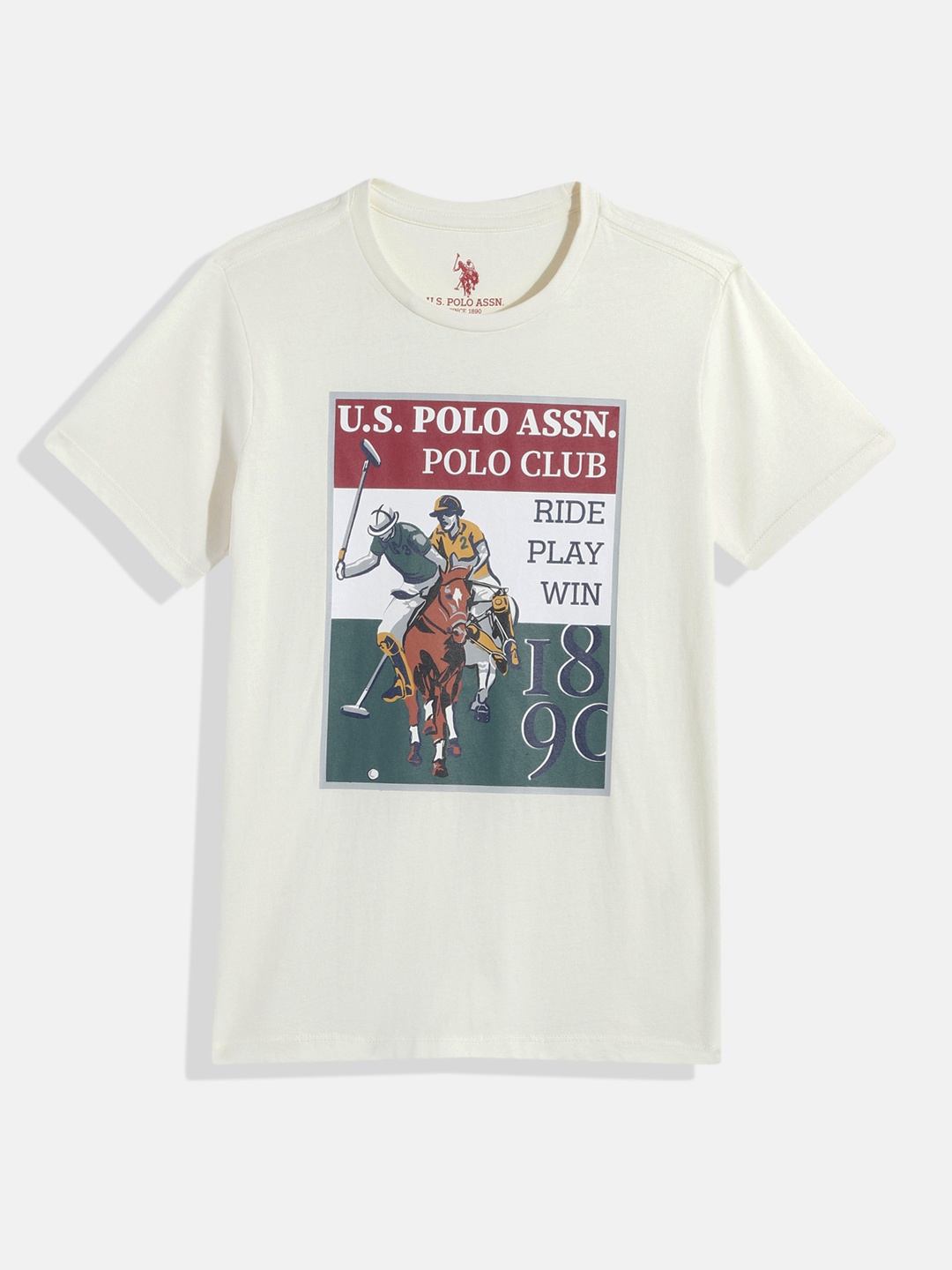 

U.S. Polo Assn. Kids Boys Off-White & Green Brand Logo Printed Pure Cotton T-shirt