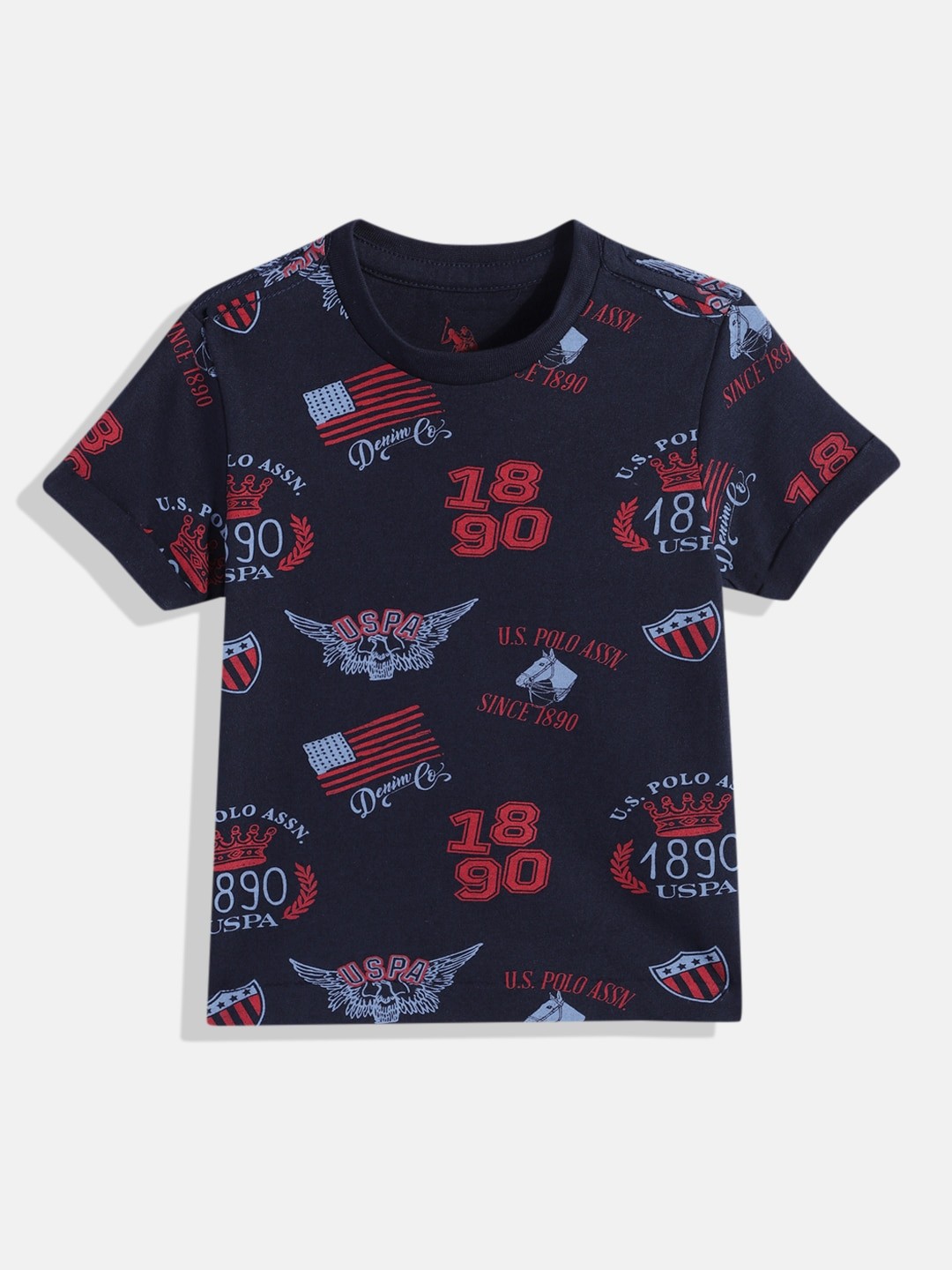 

U.S. Polo Assn. Kids Boys Navy Blue & Red Brand Logo Pure Cotton Printed T-shirt