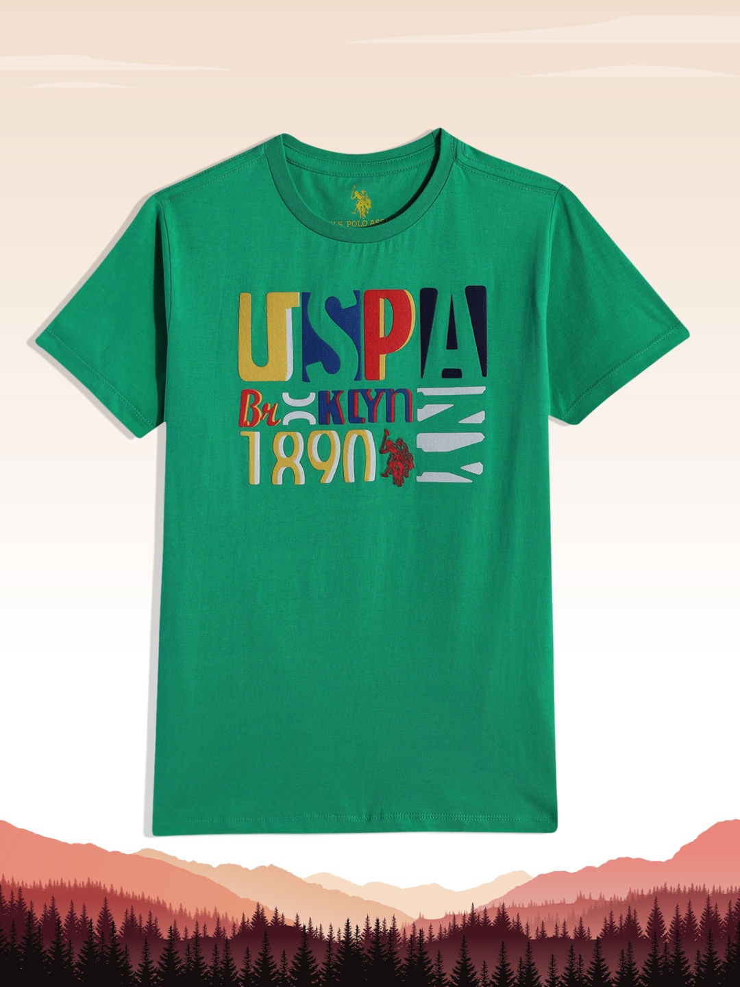 

U S Polo Assn Kids Boys Green Brand Logo Printed Pure Cotton T-shirt