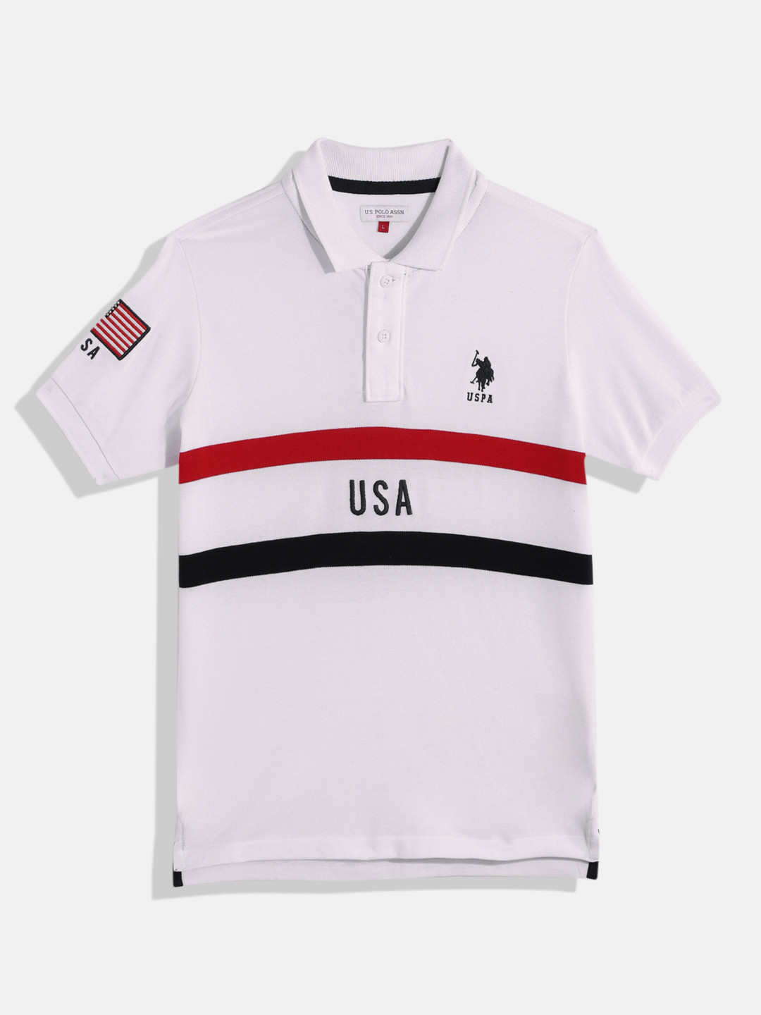 

U S Polo Assn Kids Boys White & Red Striped Polo Collar Pure Cotton T-shirt
