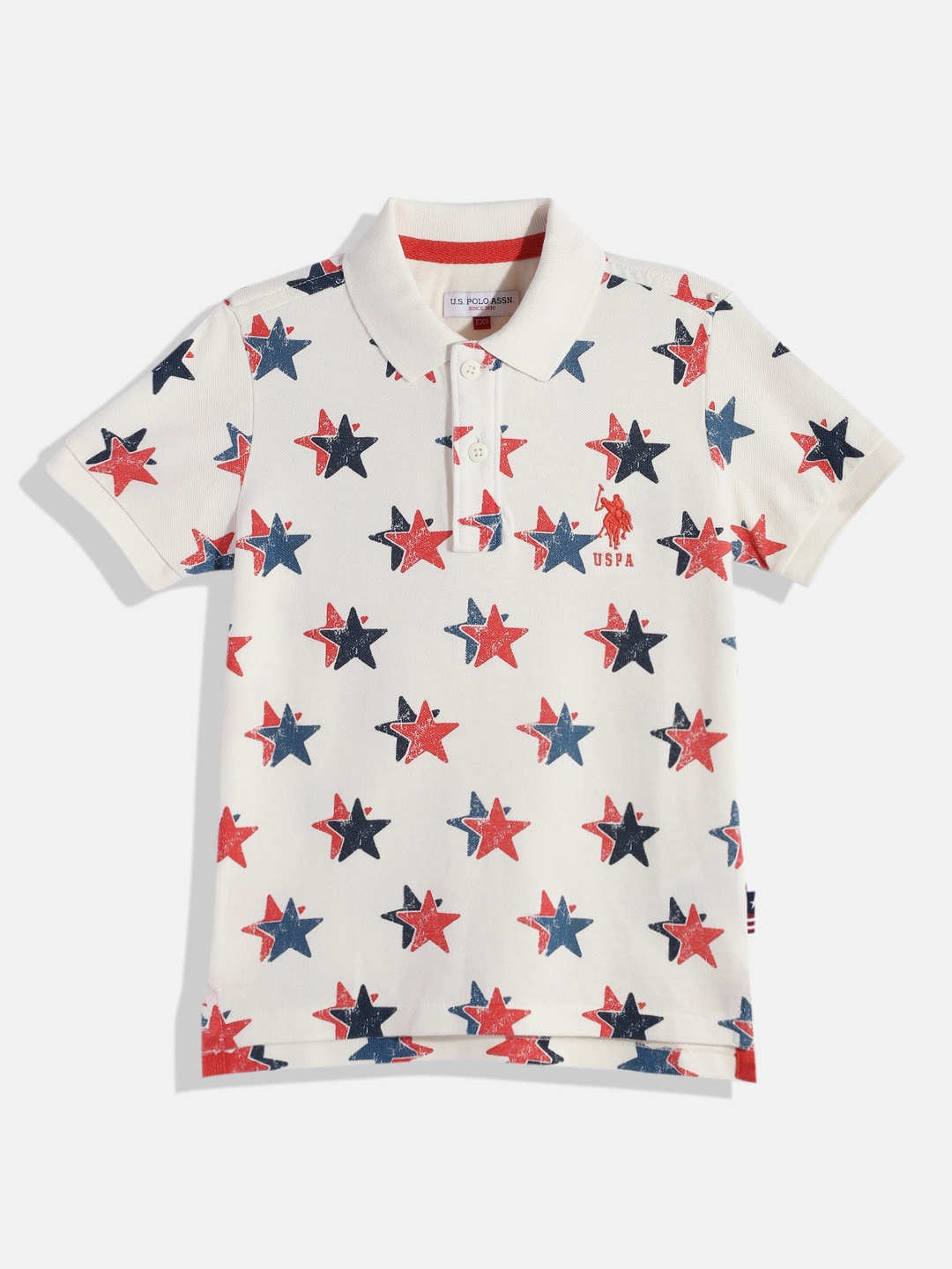 

U.S. Polo Assn. Kids Boys Off White Printed Pure Cotton Polo Collar T-shirt