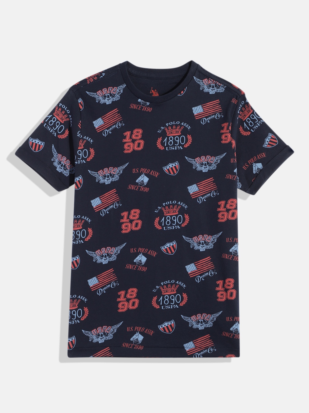 

U.S. Polo Assn. Kids Boys Navy Blue & Red Brand Logo Print Round Neck Pure Cotton T-shirt