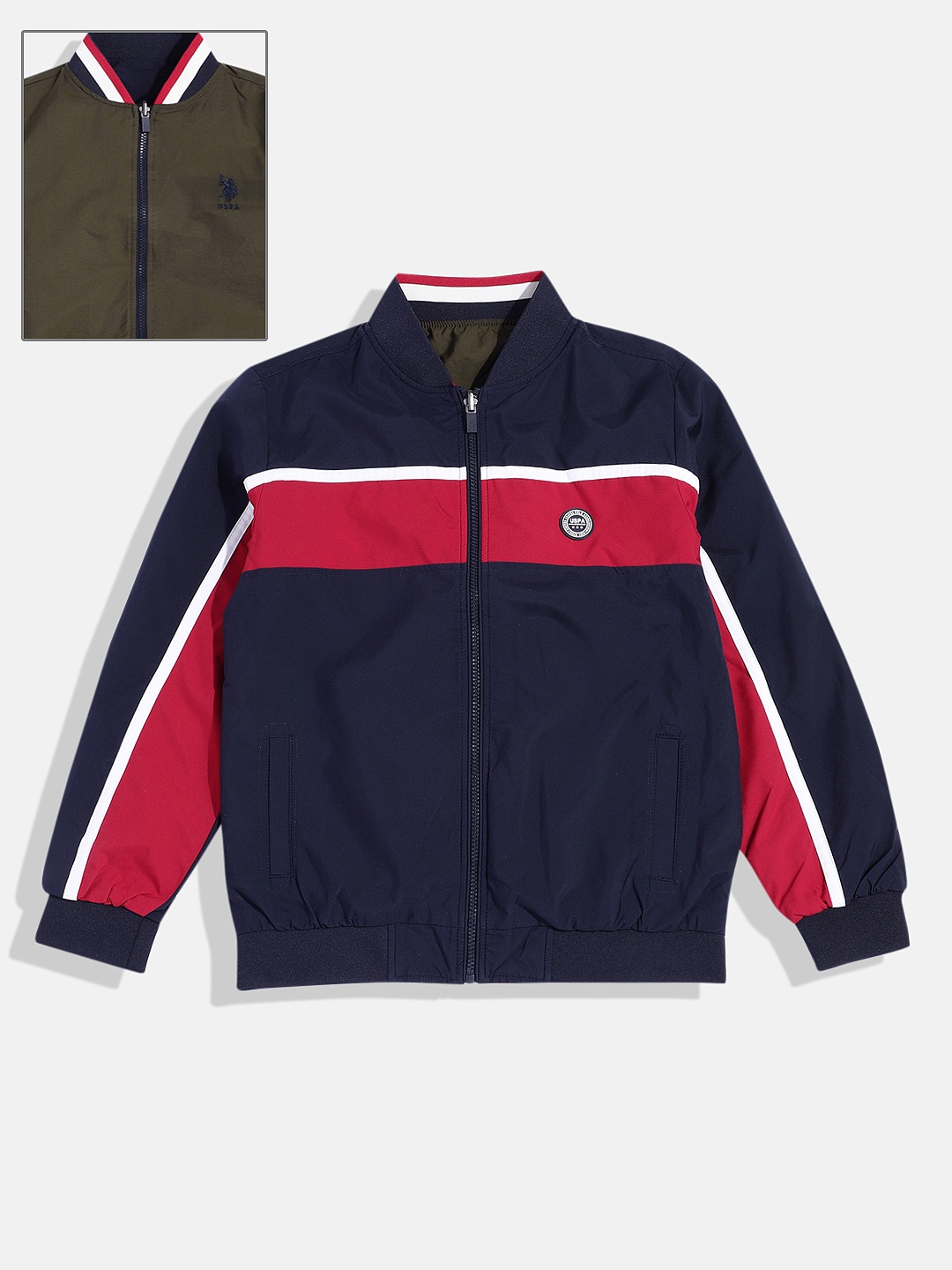 

U.S. Polo Assn. Kids Boys Striped Reversible Bomber Jacket, Navy blue