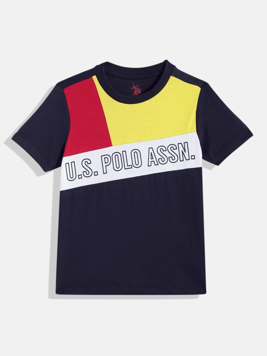 

U.S. Polo Assn. Kids Boys Navy Blue & Yellow Colourblocked Pure Cotton T-shirt