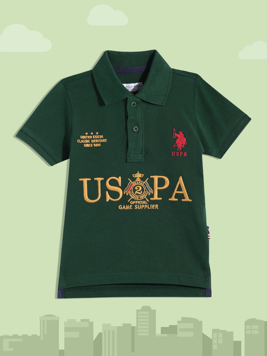 U S Polo Assn Kids Boys Green Brand Logo Polo Collar Pure Cotton T-shirt