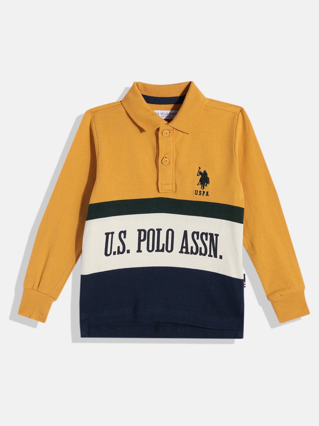 

U.S. Polo Assn. Kids Boys Colourblocked & Brand Logo Print Polo Collar Pure Cotton T-shirt, Mustard