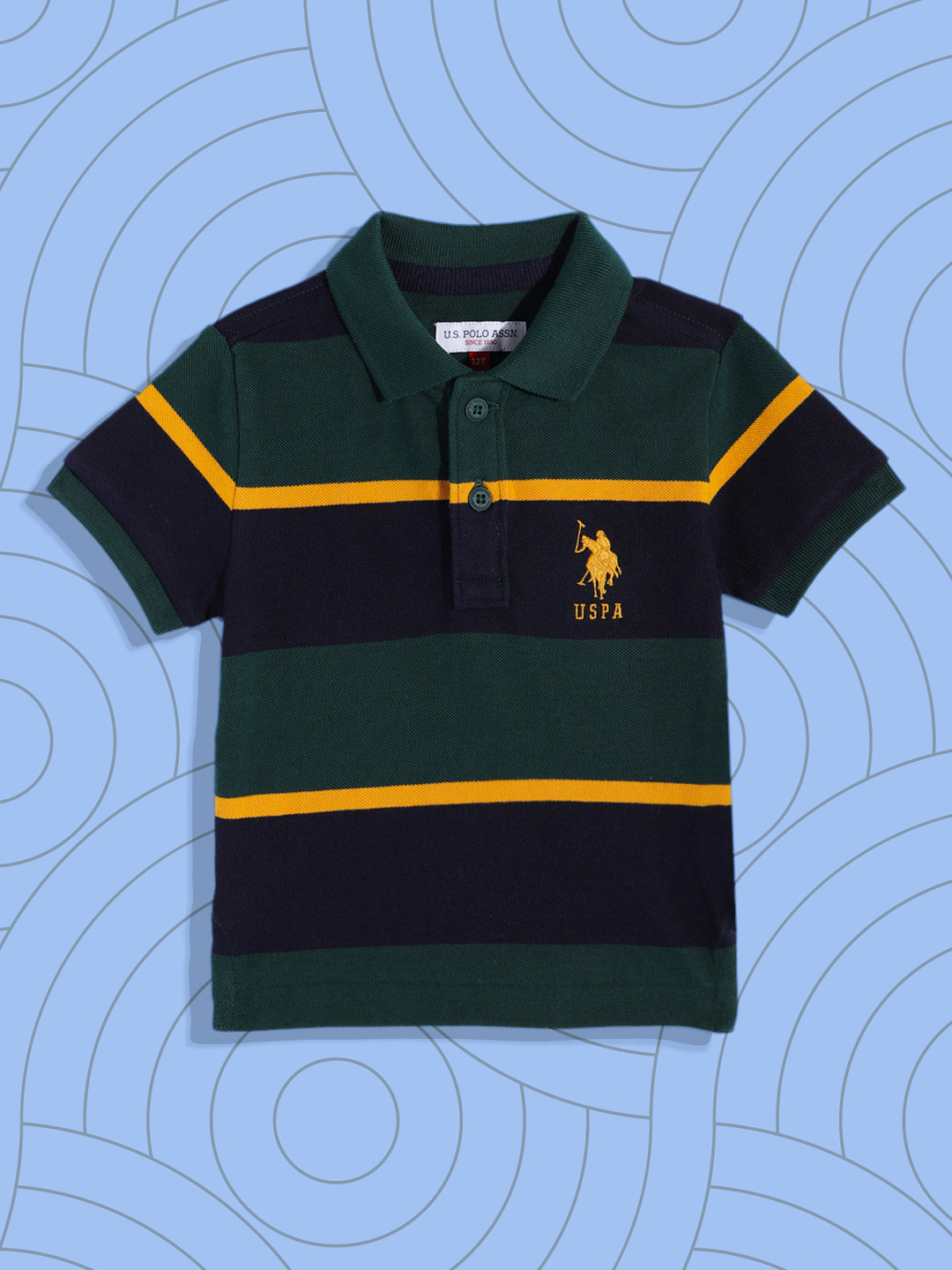 

U.S. Polo Assn. Kids Boys Green & Navy Blue Striped Polo Collar T-shirt