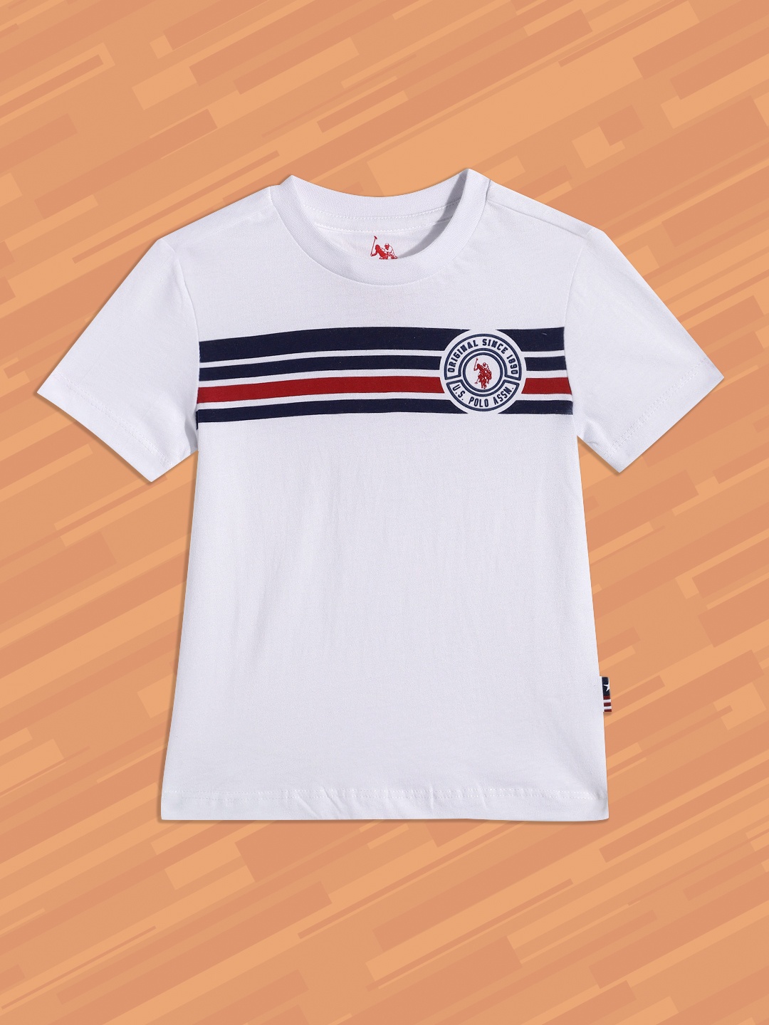 

U S Polo Assn Kids Boys White Striped with Brand Logo Print Pure Cotton T-shirt