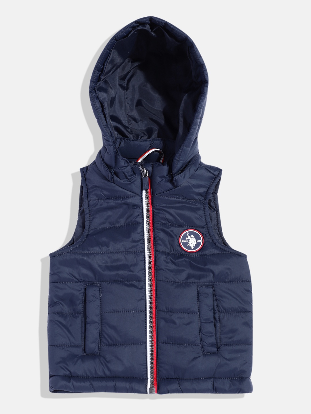 

U.S. Polo Assn. Kids Boys Solid Hooded Gilet Puffer Jacket With Brand Logo Applique Detail, Navy blue