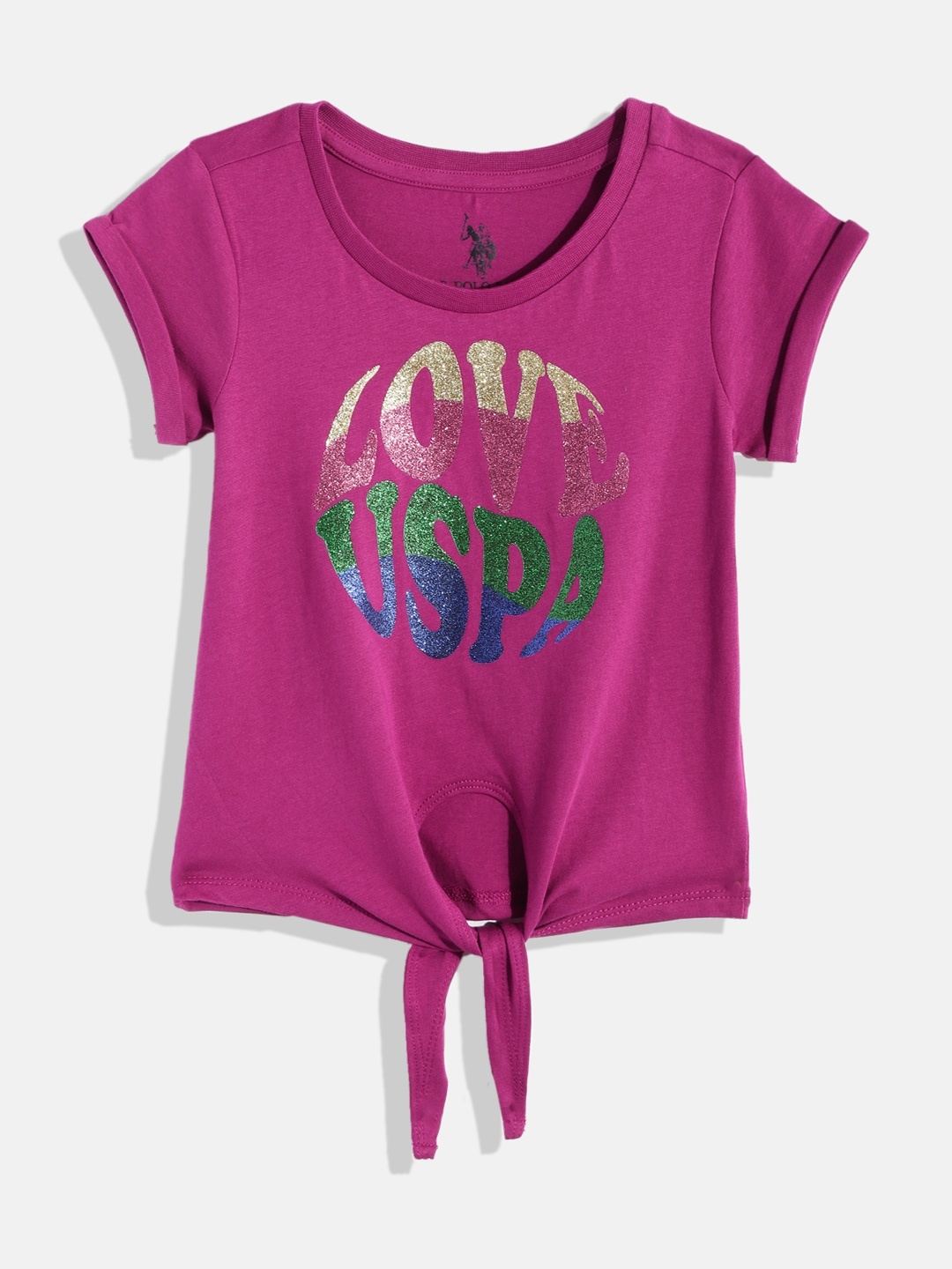 

U.S. Polo Assn. Kids Girls Purple Brand Logo Printed Pure Cotton Knotted T-shirt