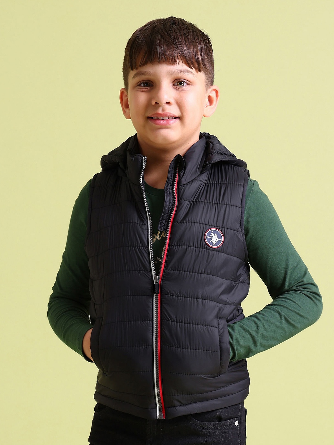 

U.S. Polo Assn. Kids Boys Solid Hooded Gilet Puffer Jacket With Brand Logo Applique Detail, Black