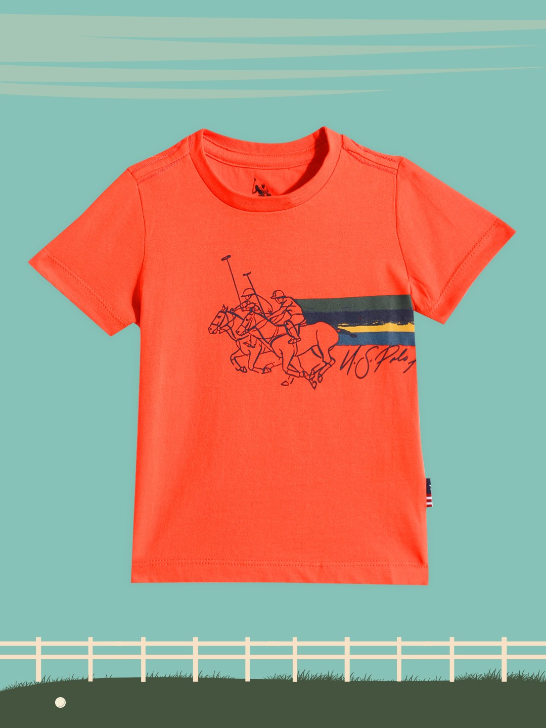

U S Polo Assn Kids Boys Coral Red Printed Pure Cotton T-shirt