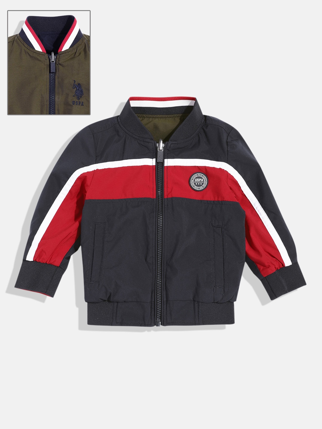 

U.S. Polo Assn. Kids Boys Striped Reversible Bomber Jacket, Navy blue