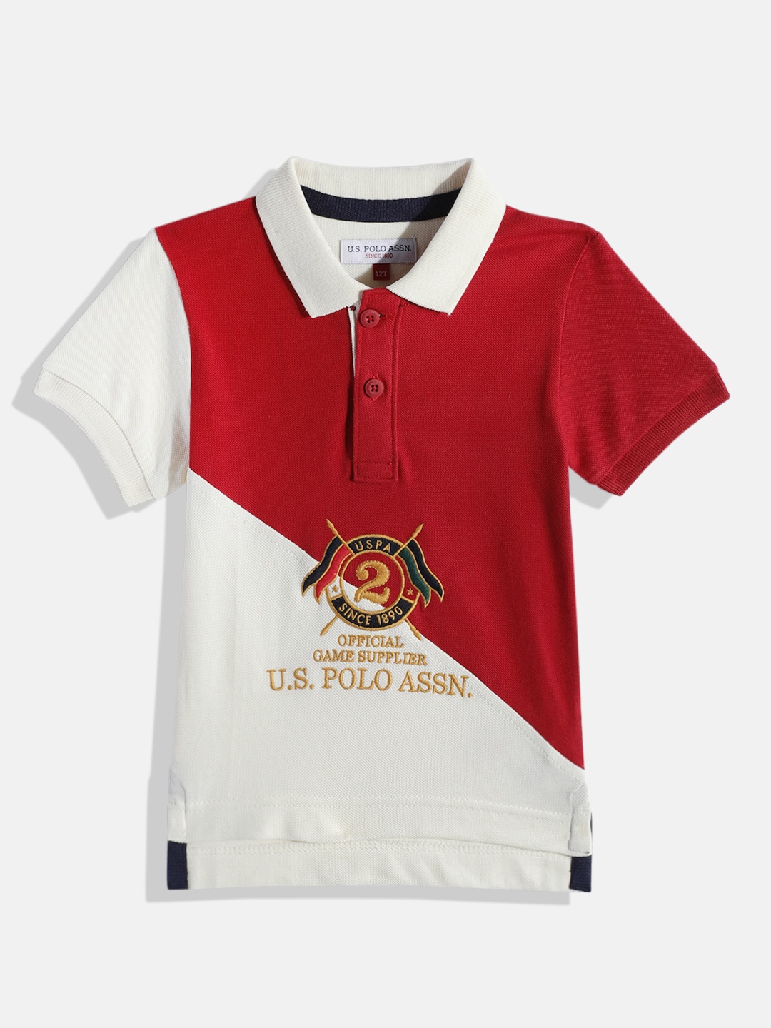

U.S. Polo Assn. Kids Boys Off-White & Red Colourblocked Pure Cotton T-shirt