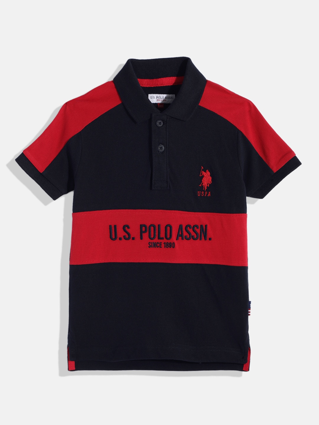 

U.S. Polo Assn. Kids Boys Navy Blue & Red Printed Pure Cotton Polo Collar T-shirt