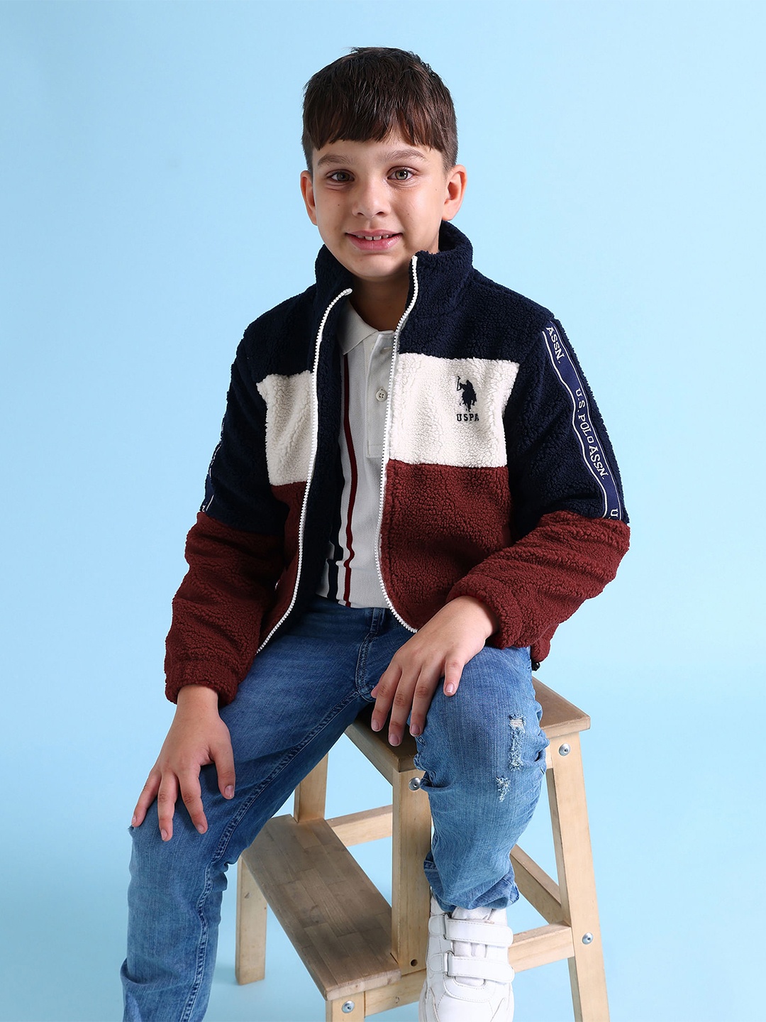 

U.S. Polo Assn. Kids Boys Maroon & Off-White Colourblocked Sherpa Jacket