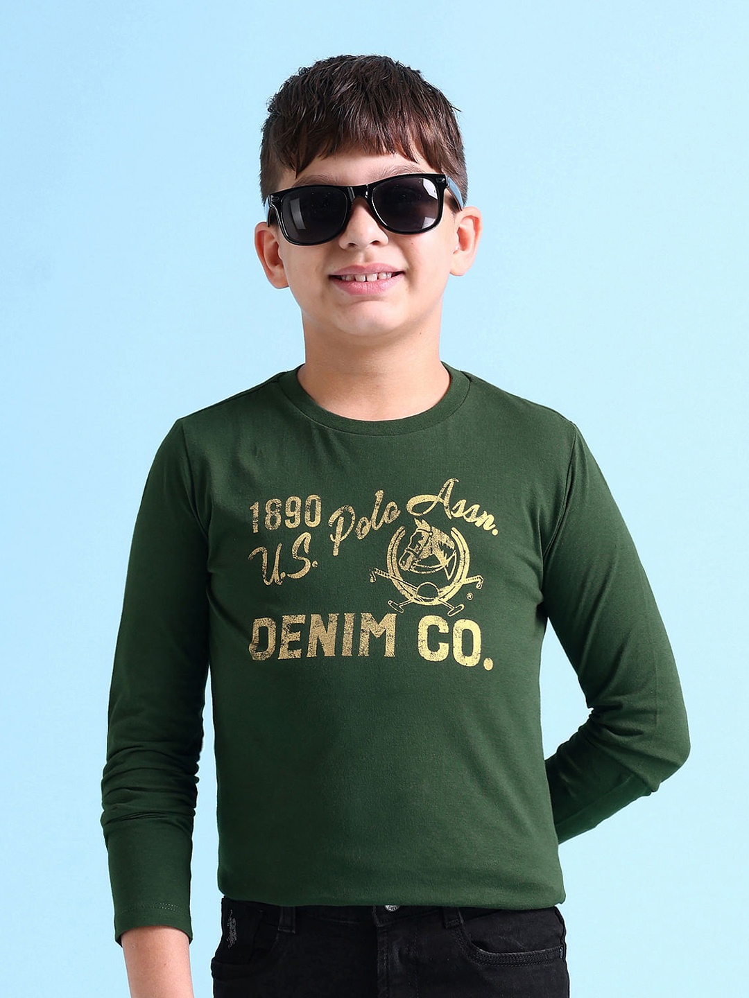 

U S Polo Assn Kids Boys Olive Green Brand Logo Printed Pure Cotton T-shirt