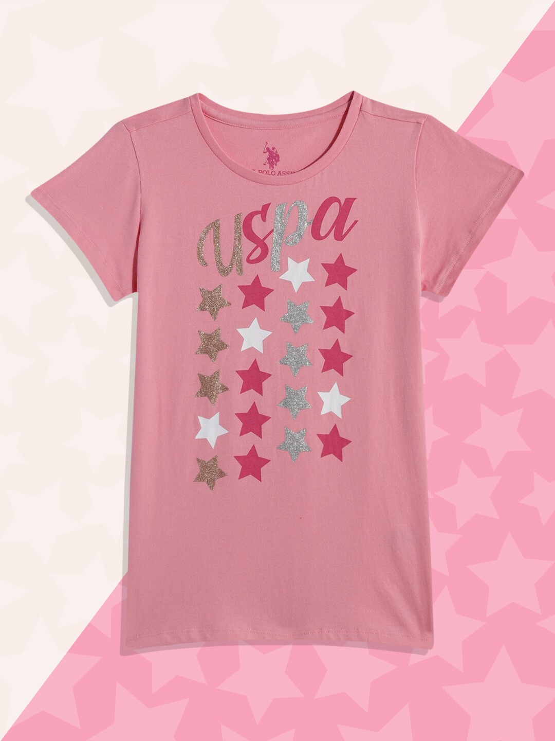 

U.S. Polo Assn. Kids Girls Pink Brand Logo Printed Pure Cotton T-shirt