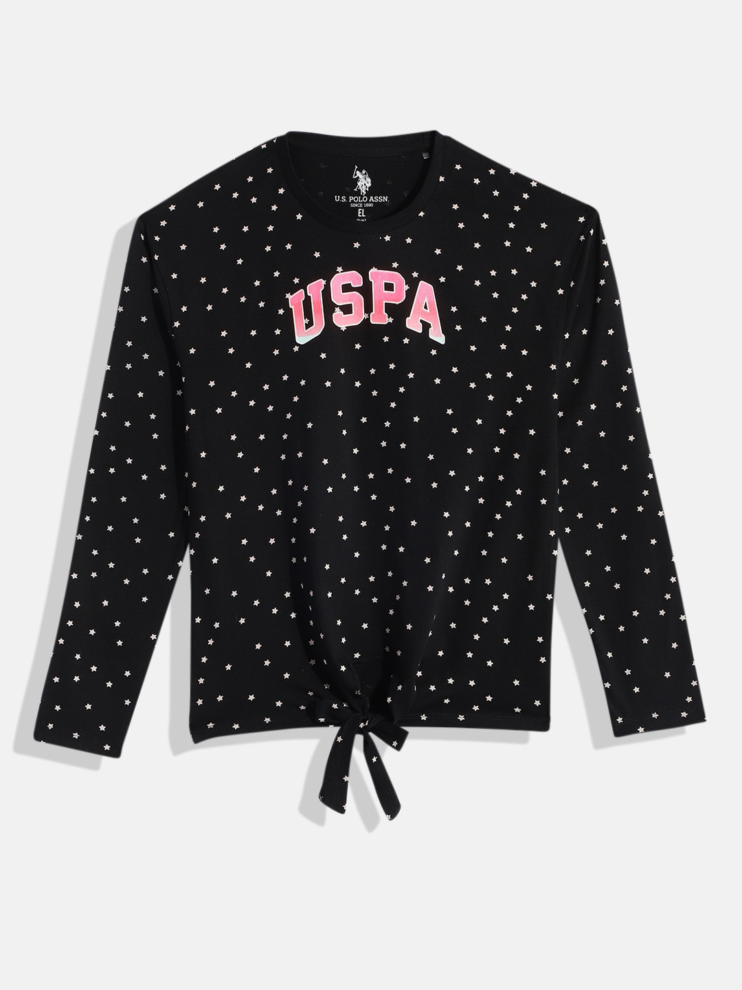 

U.S. Polo Assn. Kids Girls Brand Logo & Conversational Print Waist Tie-Ups Pure Cotton Top, Black