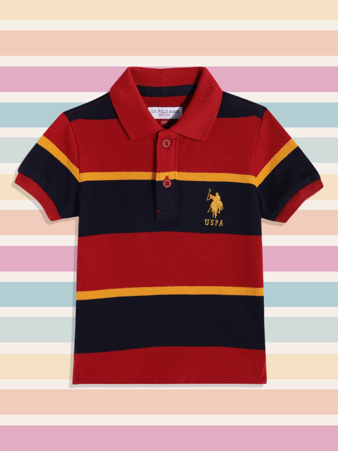 

U.S. Polo Assn. Kids Boys Red & Navy Blue Striped Polo Collar T-shirt