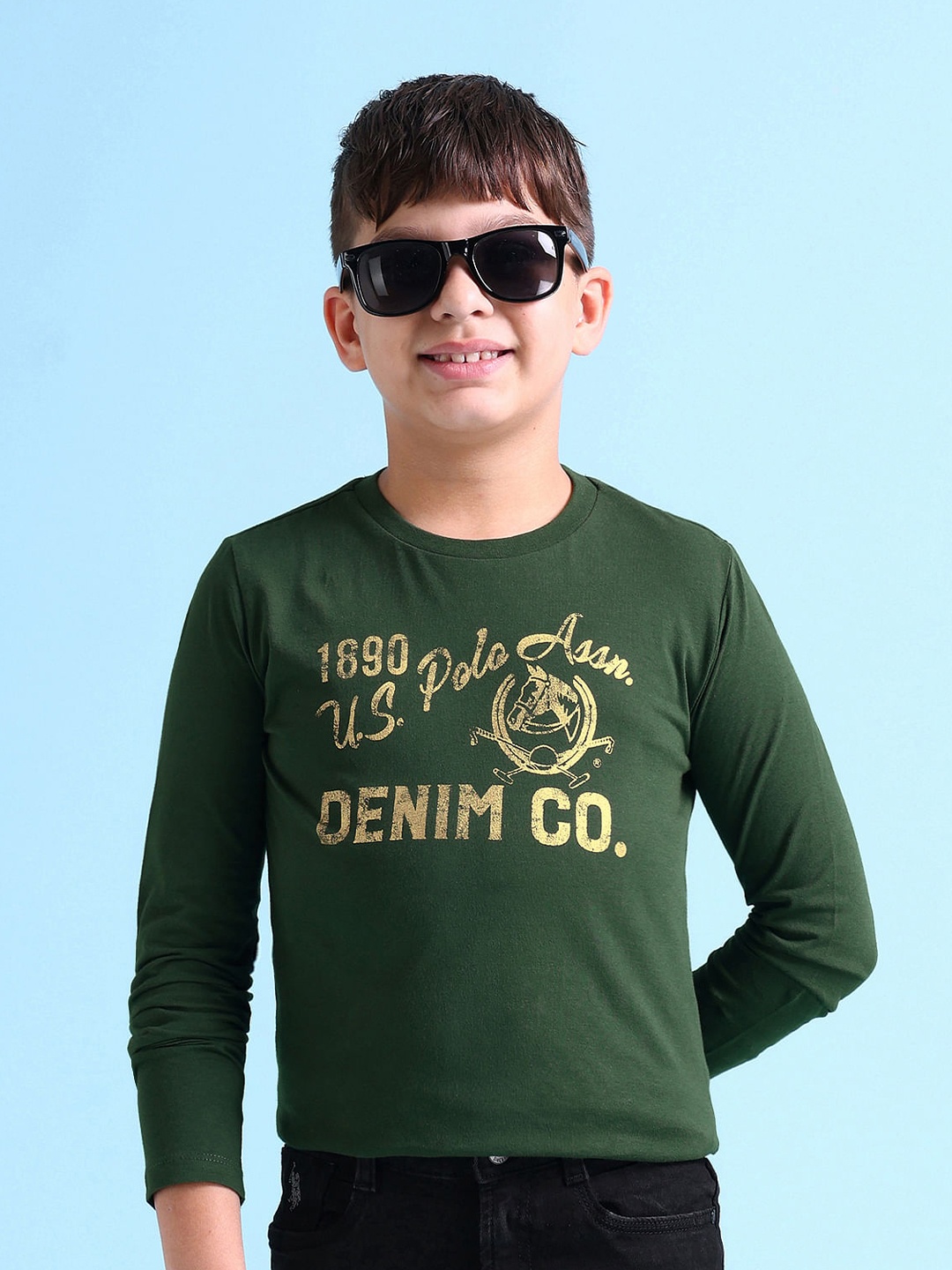 

U.S. Polo Assn. Kids Boys Green Brand Logo Printed Pure Cotton T-shirt