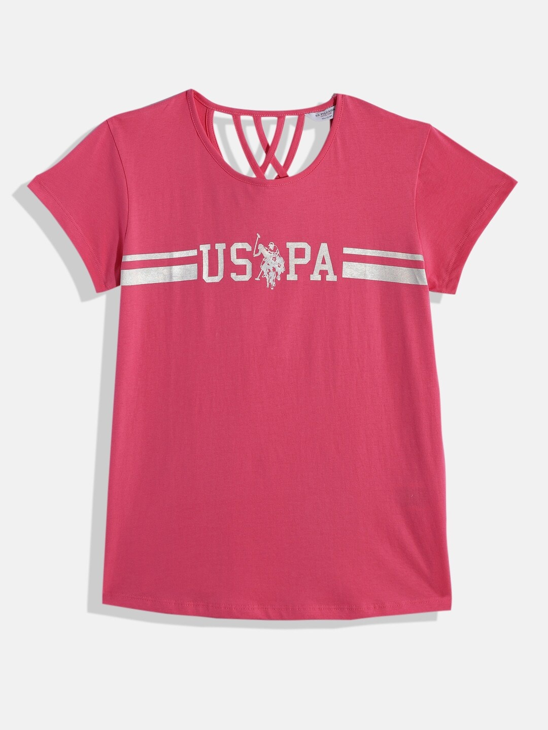

U.S. Polo Assn. Kids Girls Pink Brand Logo Printed Pure Cotton T-shirt