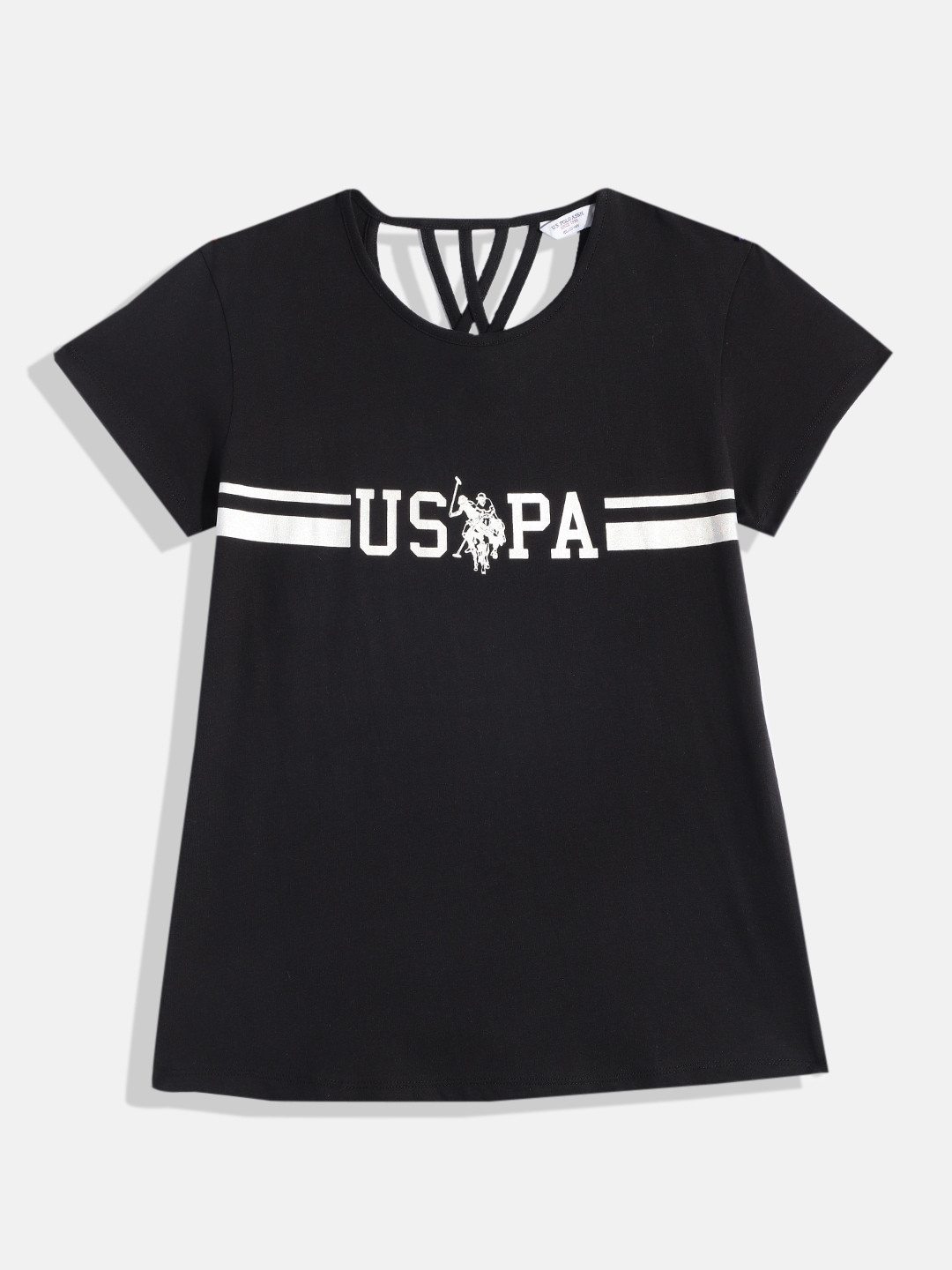 

U.S. Polo Assn. Kids Girls Brand Logo Print Cut-Out Pure Cotton Styled Back Top, Black