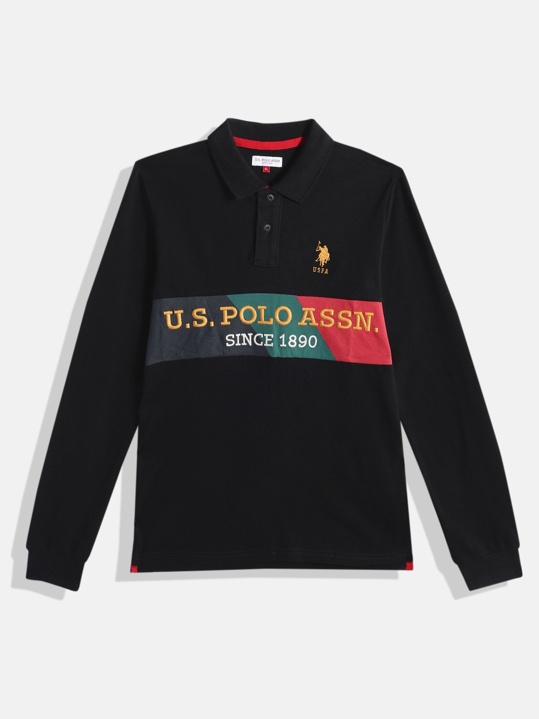 

U.S. Polo Assn. Kids Boys Brand Logo Printed Pure Cotton Polo Collar T-shirt, Black