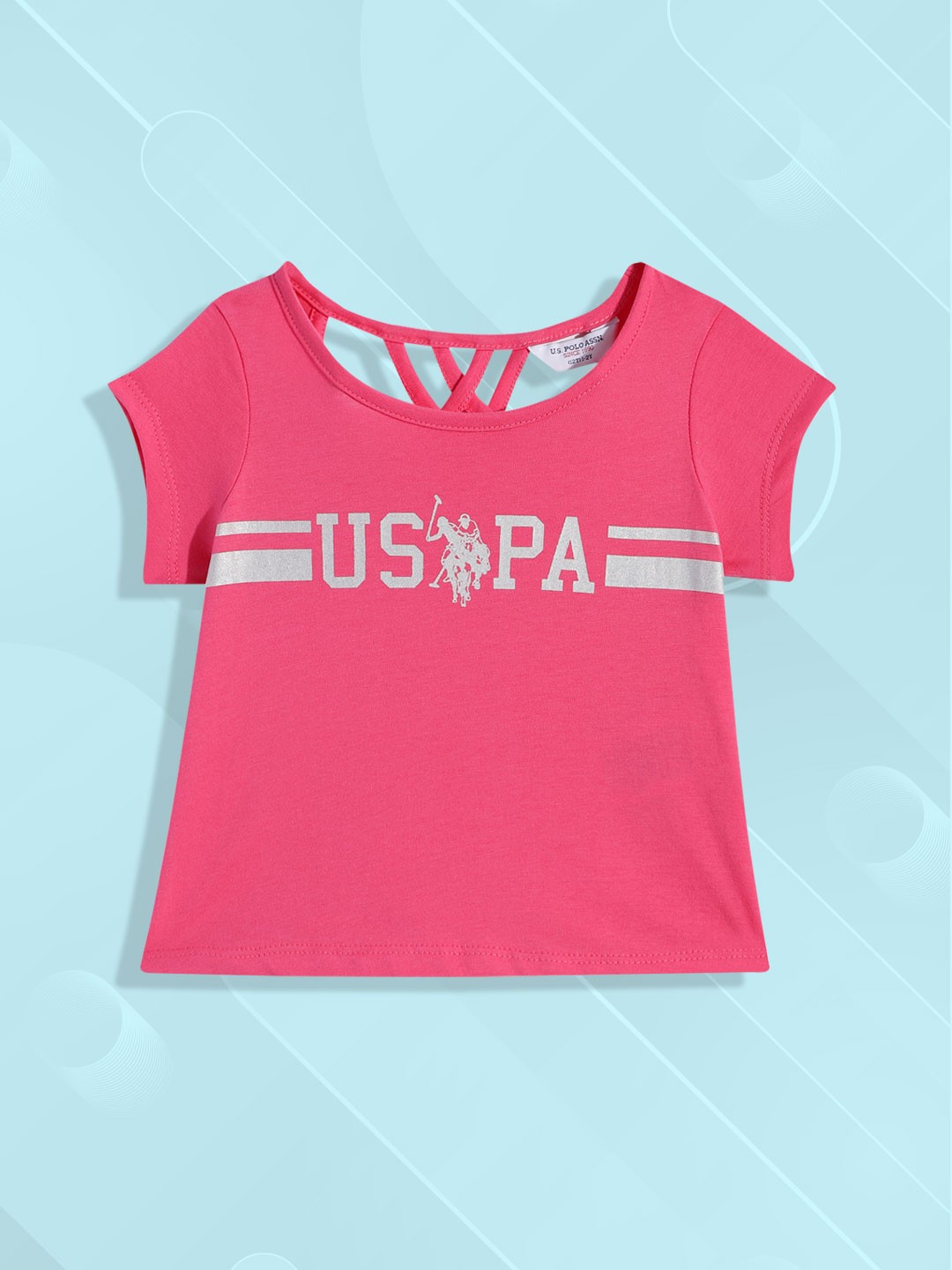 

U.S. Polo Assn. Kids Girls Pink Brand Logo Printed Pure Cotton T-shirt