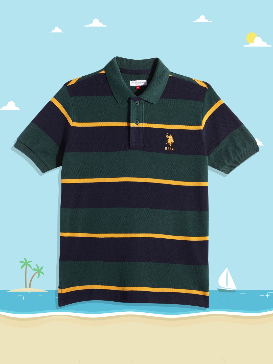 

U S Polo Assn Kids Boys Green & Navy Blue Striped Polo Collar Pure Cotton T-shirt